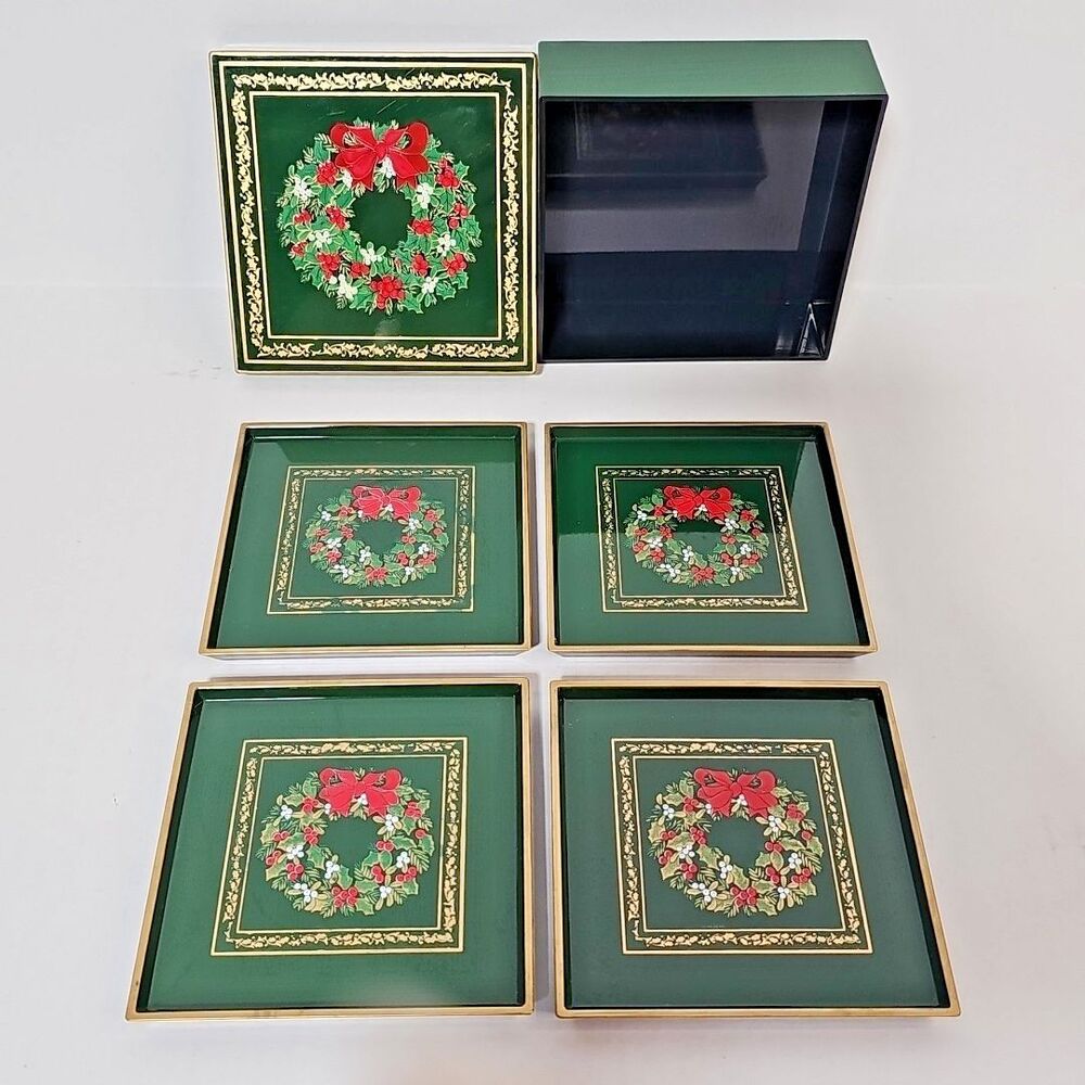 Otagiri Lacquerware Christmas Coasters Box Set Vintage MCM Holiday Barware Japan